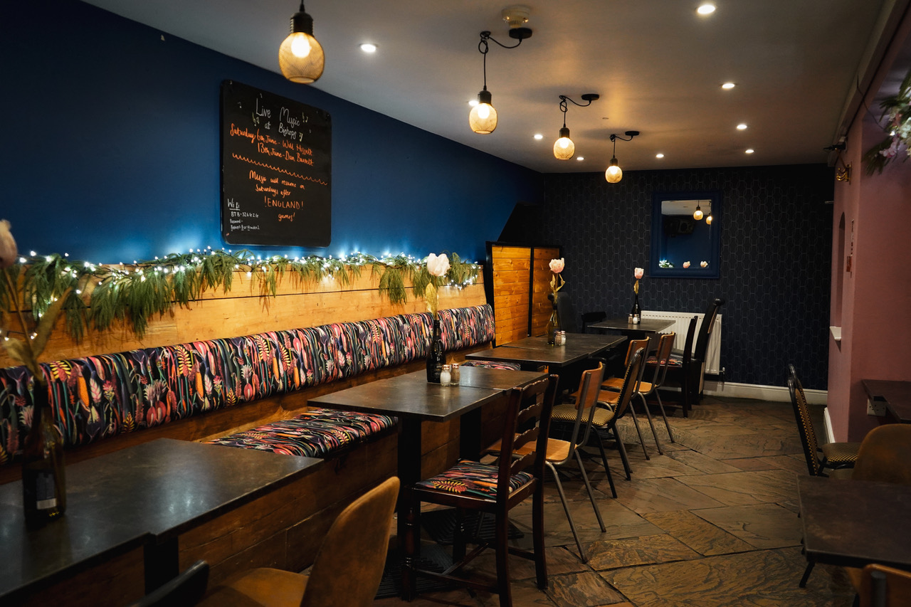 Bistro booths under fairy lights
